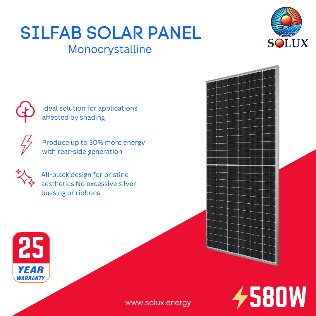 This is an image of Silfab 580Watt 144 Half-Cell Silver Frame Bifacial Solar Panel